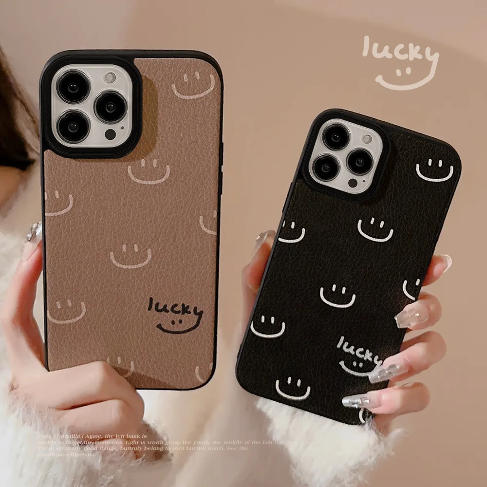 For iPhone 11 12 13 Mini 15 Pro Max Personality Simple Retro Smiley Face Skin Striae Anti-fall Hard Shell 14 Plus Leather Case