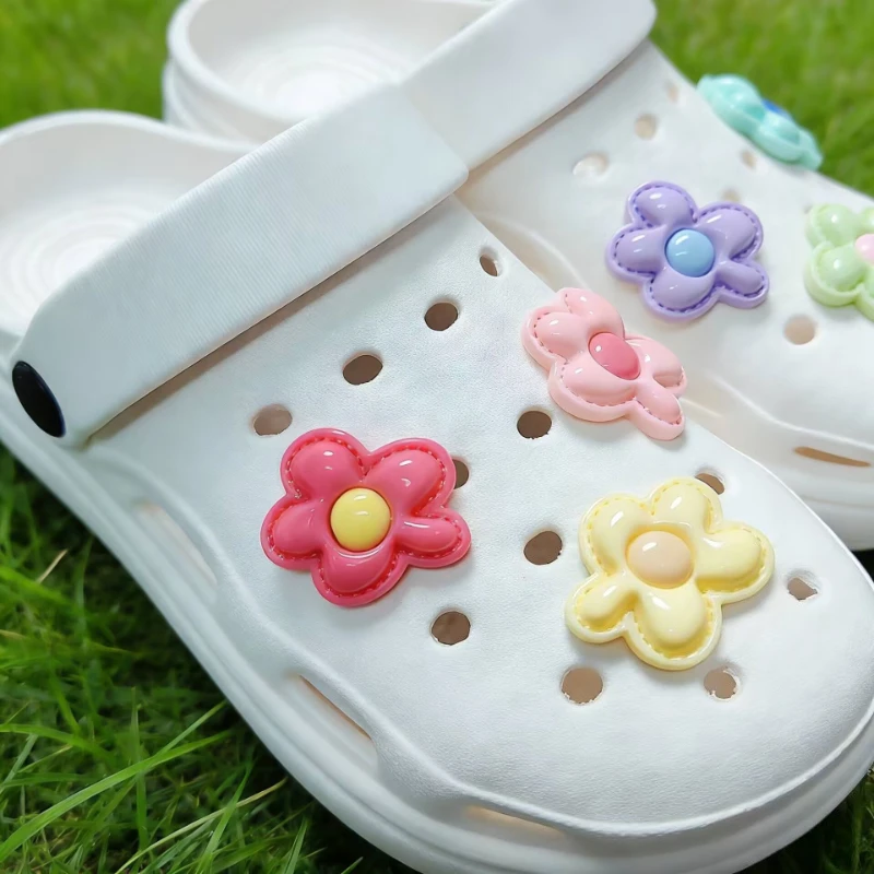 6PCS DIY Sunflower Clog Buckle Slides Candy Color ABS Imitation Leather Flower Decorations Fit Slipper Sandals for Women