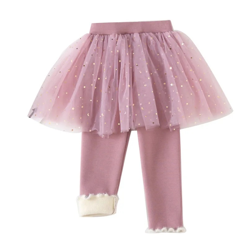 Autumn and Winter Girls' Fleece-Lined Thick Leggings with Sequins, Faux Two-Piece, Warm Baby Skirt Pants, Princess Skirt Pants view 5