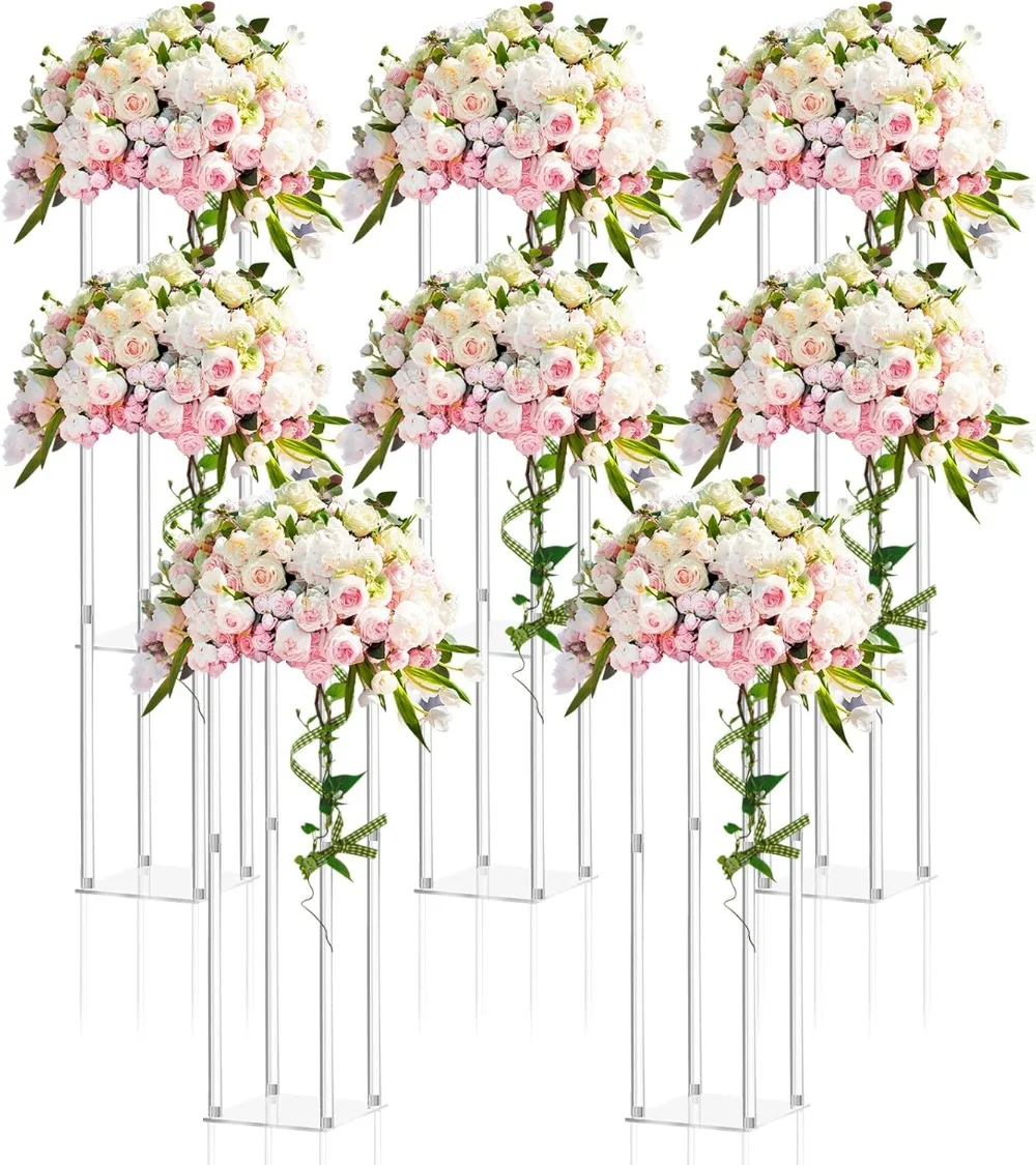 Geetery 8 Pieces Tall Acrylic Vase Wedding Centerpieces Clear Flower Stand Column Geometric Floral Vase Elegant Display Holder