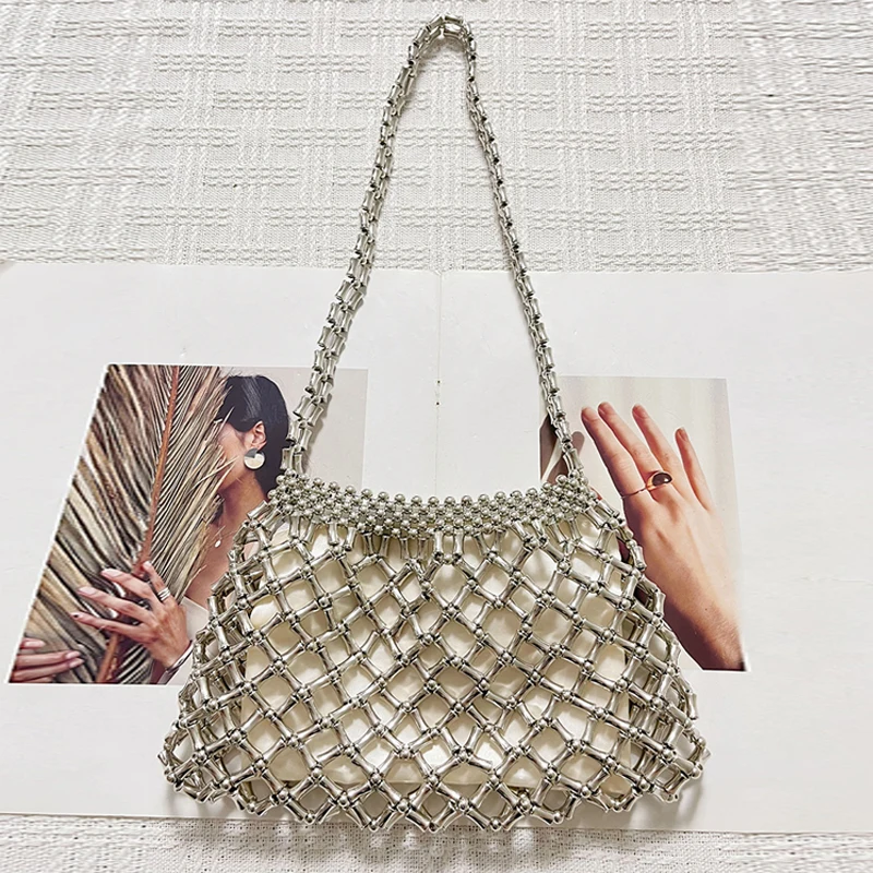 Specialty acrylic handmade bead woven bag for women, niche spicy girls, fashionable underarm fishing net bag, versatile shoulder