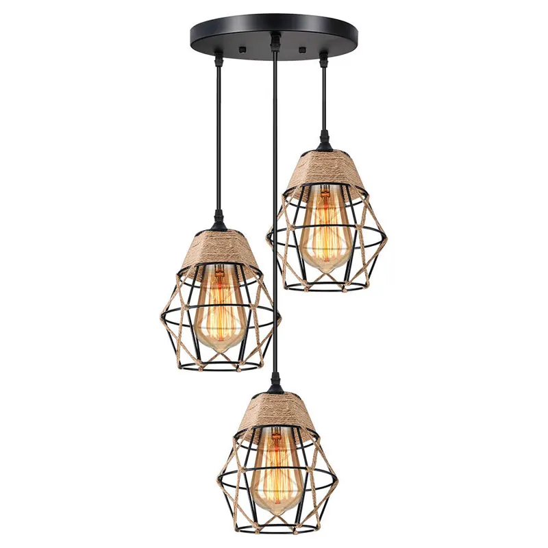 

Industrial Penthouse Chandelier Vintage Hemp Rope Dining Room Bedroom Hallway Bar Counter Pendant Light 3 Heads Iron Droplight