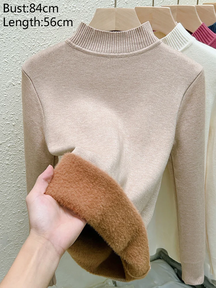 

Fashion Solid Color Soft Warm Pullover Casual Knitted Top Elegant Fleece-lined Knitwear Winter Long Sleeve Mock Neck Sweater