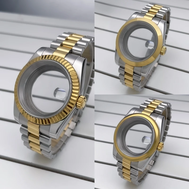 39mm DJ2T NH35 Case Fluted Bezel Yellow Gold Sapphire Glass Seik Mod Modification Parts Fit NH35 NH36 Movement Steel Watch Case