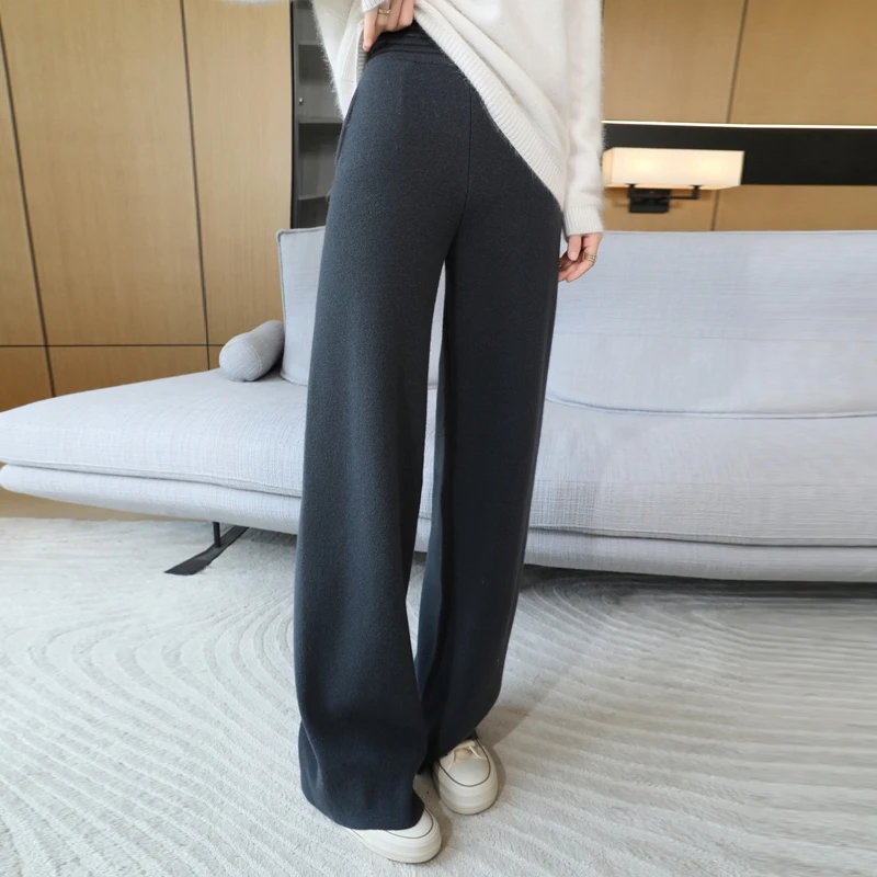 New Women\'s Wide Leg Pants for Autumn and Winter High Waist, Drop Feeling Thickened Straight Leg Pants, Pure Wool Knitted Pants