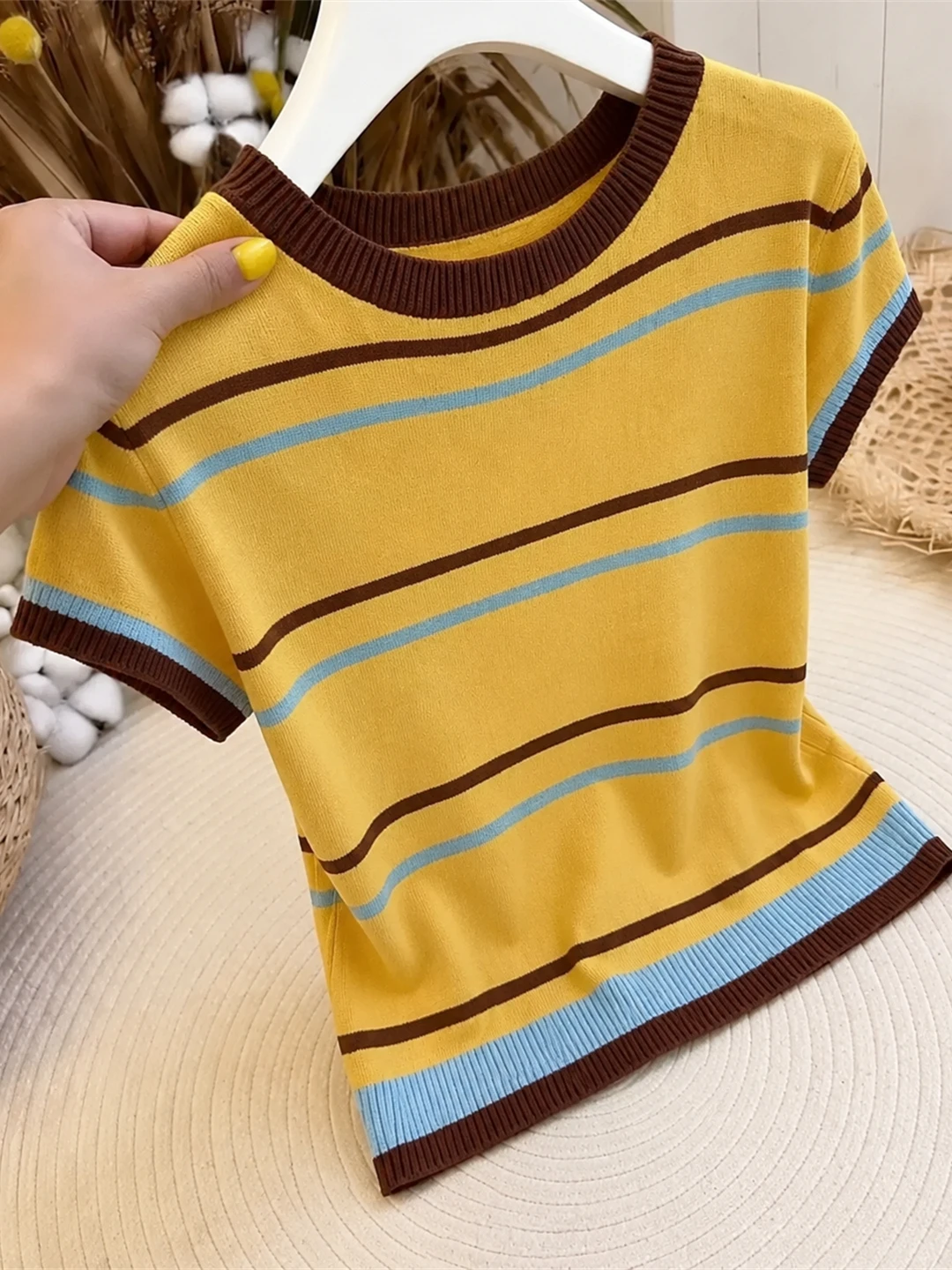 

Summer Knitted Short Sleeve round Neck Striped Color Block Slimming Top Korean Style Commute Fashion plus Size Women's Shirt