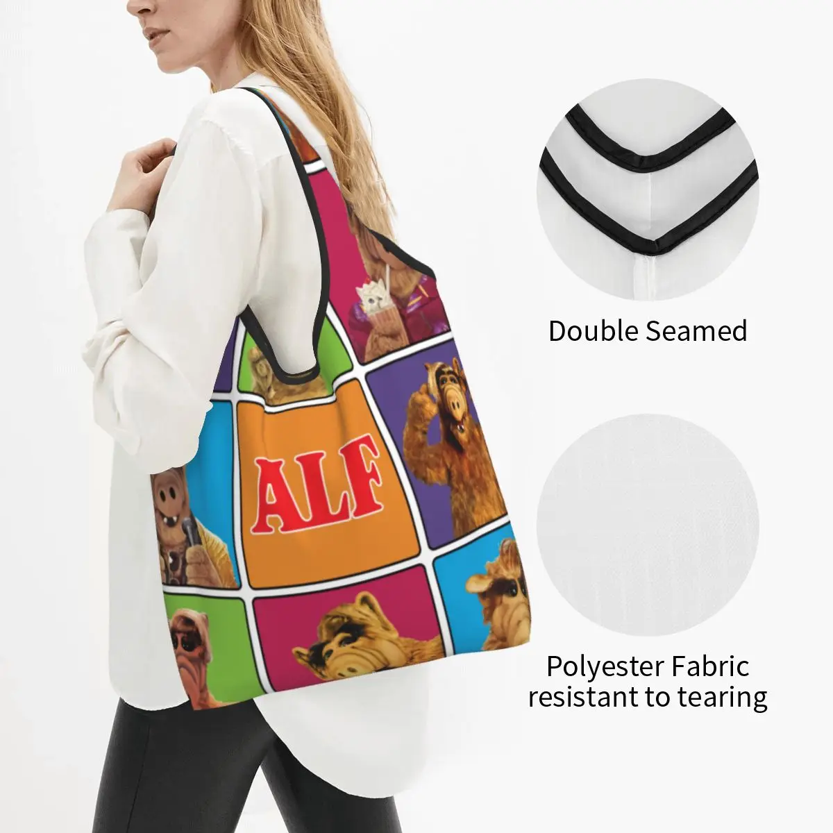 Custom Alien Life Form ALF Meme Collage Groceries Tote Shopping Bags Fashion Sci Fi TV Show Shoulder Shopper Bags Handbags