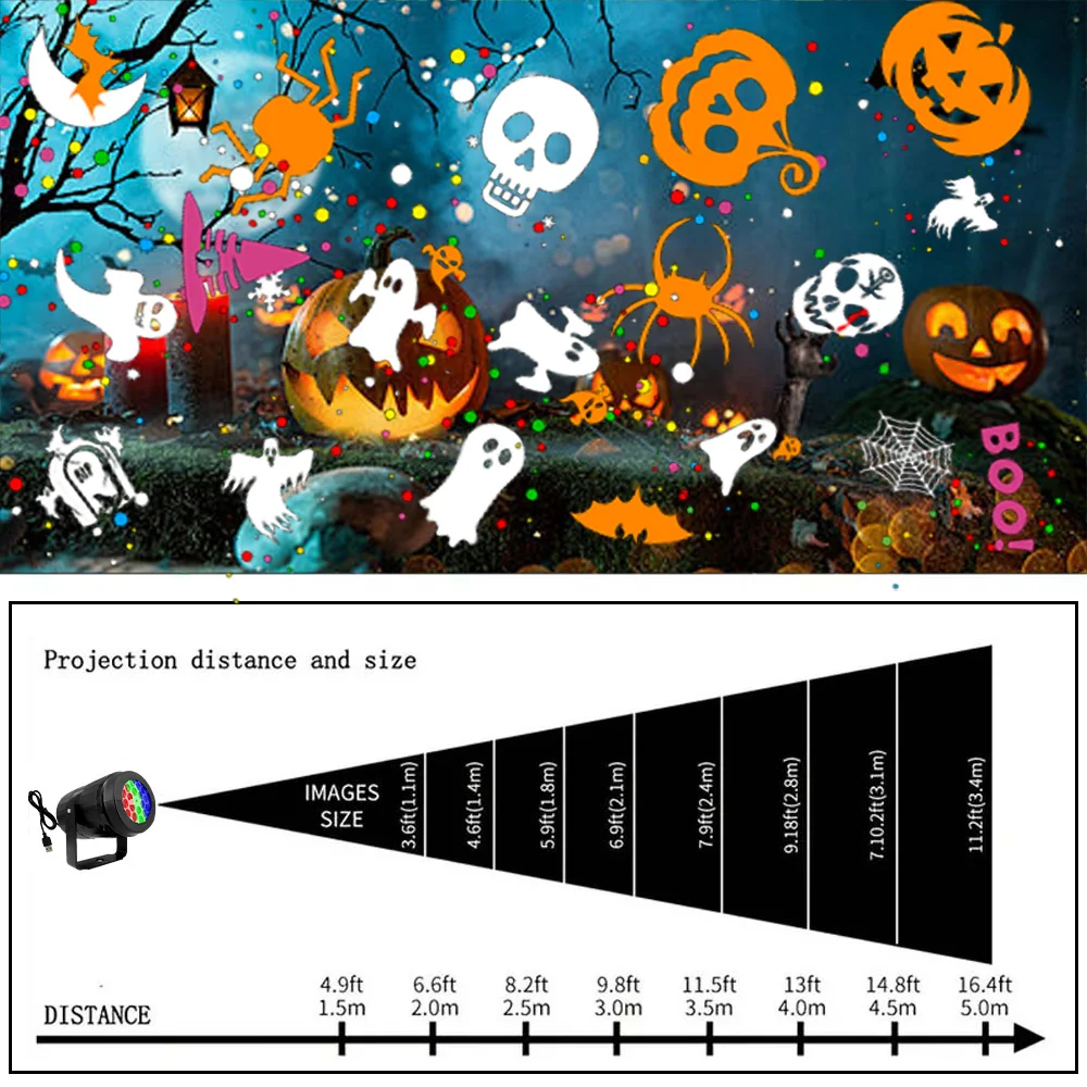 2024 Halloween Projector Night Light Pumpkin Bat Ghost Dynamic Pattens USB Power Fairy Lamp for Bedroom Room Party Indoor Decor