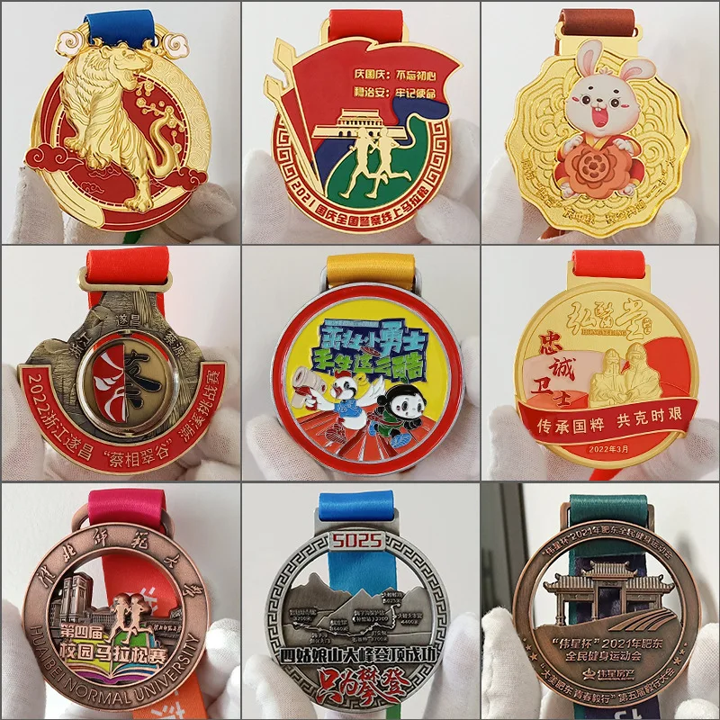 Custom Logo Gold Zinc Alloy Metal Sports Medals with Ribbon, 2D, 3D Running Race Marathon Finisher, Cheap Design, Manufacturer