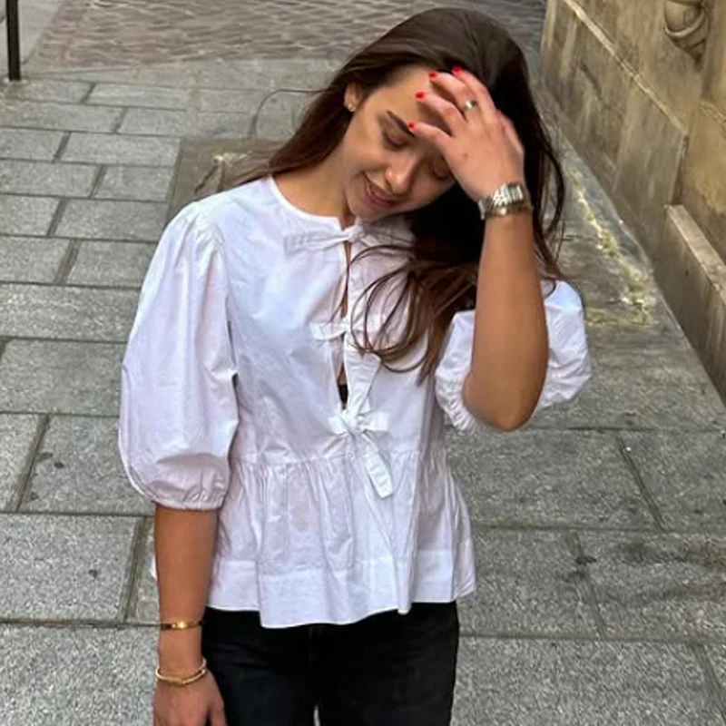 HXAO موضة فضفاضة ليوبارد قميص امرأة البلوزات خريف 2025 اقتصاص تكدرت قطع الدانتيل متابعة قميص أسود أبيض قمصان قصيرة الأكمام #4