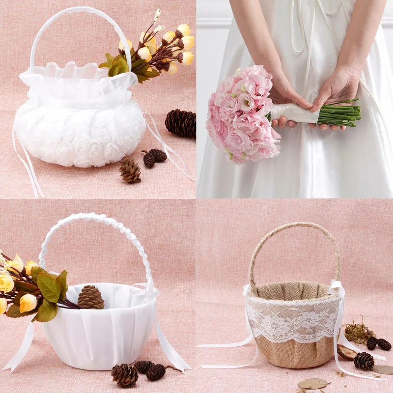 Y1UB Romantic Burlap Lace Decor Petals Storage Flower Container Basket for Wedding