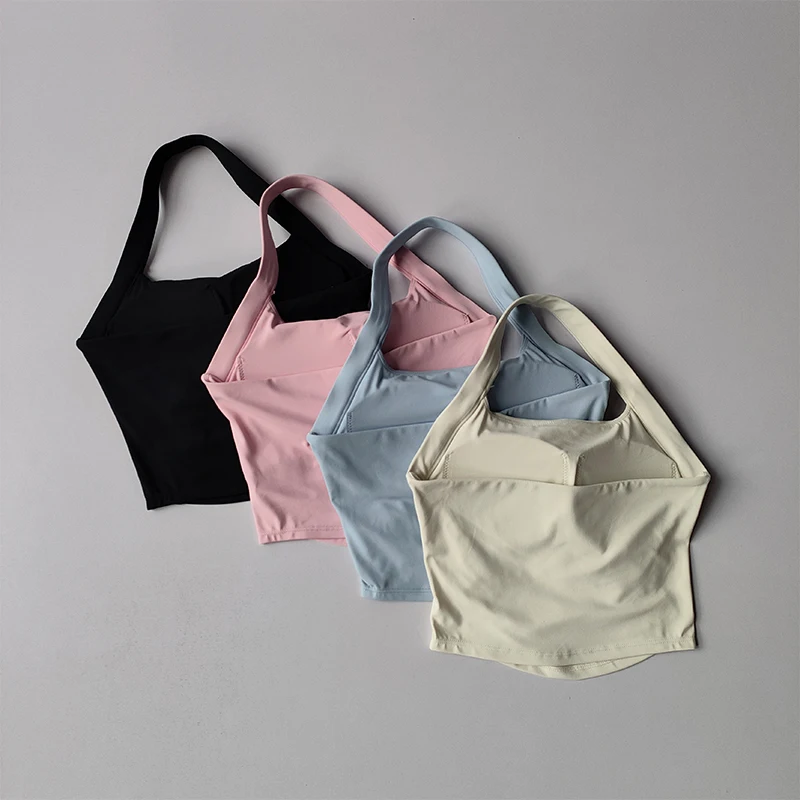 Neckholder-Sportunterwäsche mit festen Brustpolstern, Fitness-Plissee-Yoga-Anzug, integrierter BH, sexy Träger, schöner Rücken. – Detail 11