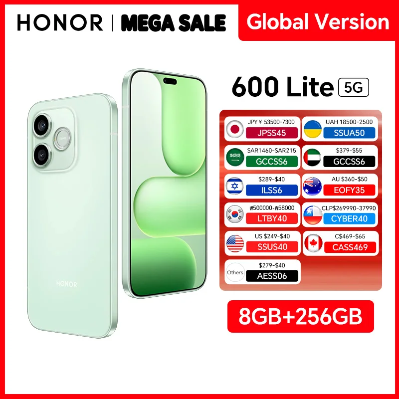 New Global Version HONOR 600 Lite 5G Smartphone 8GB+256GB 6.6'' AMOLED Screen 108MP Main Camera 6520 mAh 45W SuperCharge NFC