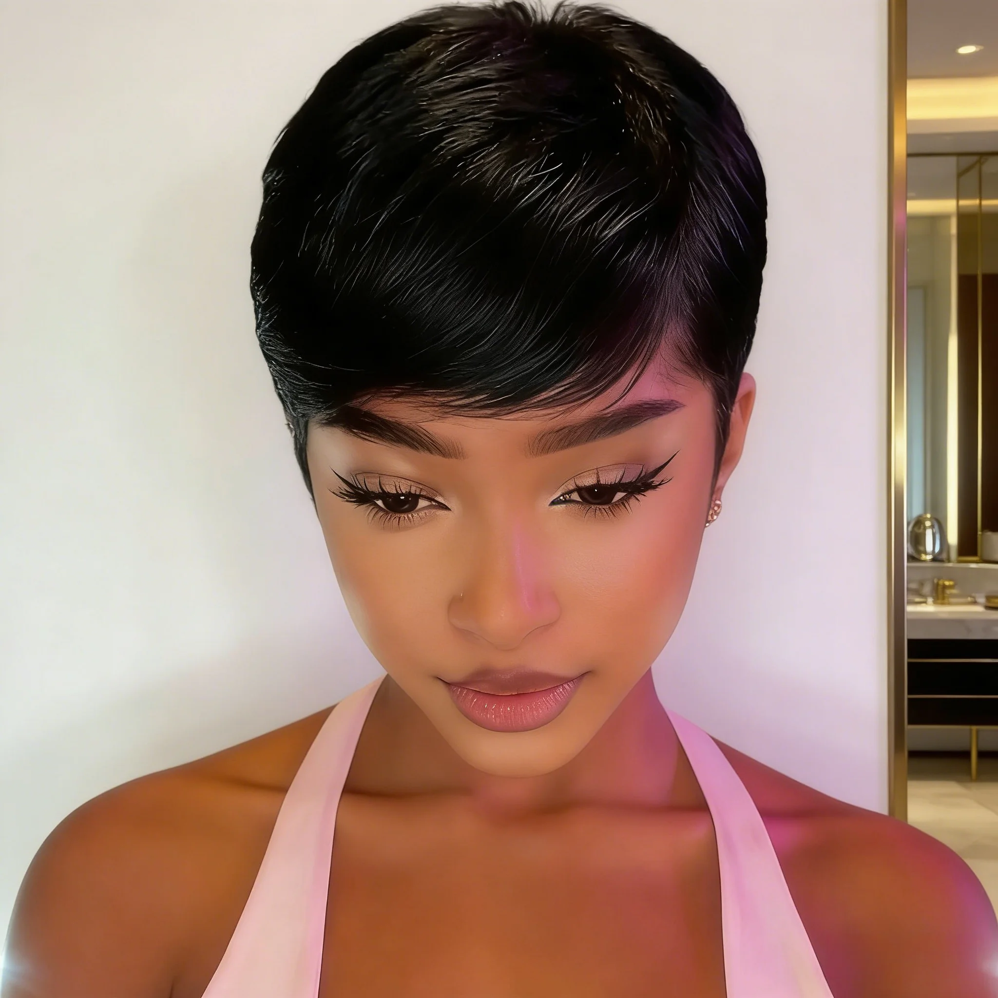 人毛ピクシーカットウィッグ--カラー1b、6インチ、ファッションスタイリング用ストレートヘア、完全機械製、着用しやすい