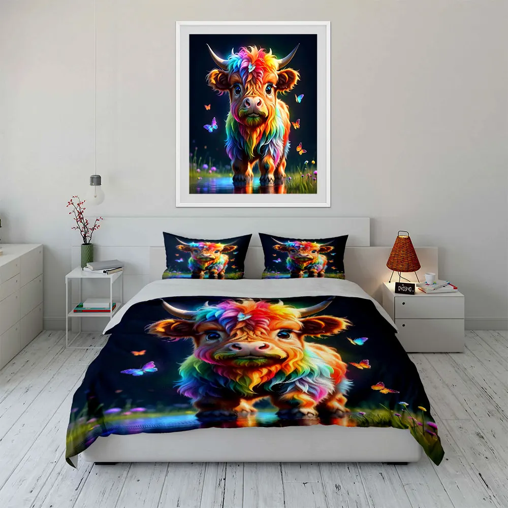 

3Pc Whimsical Farm Bedding Set,Adorable Rainbow-Colored Highland Cow with Butterflies Print Duvet Cover,Magical Bedroom Decor