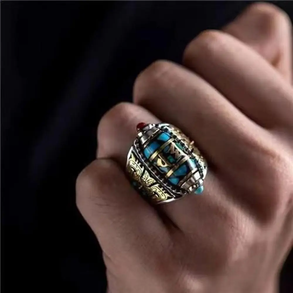 Adjustable Size Nine Turns Dzi Ring Six-character Mantra Open Luck Ethnic Style Ring Vintage Tibetan Rotatable Finger Ring