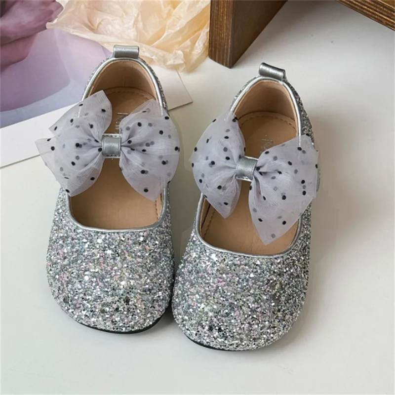 2025 New Spring Kids Shoes For Girls Bling Bling Cute Butterfly-knot Polka Dot Princess Shoes Soft Sole Fashion Children Shoes