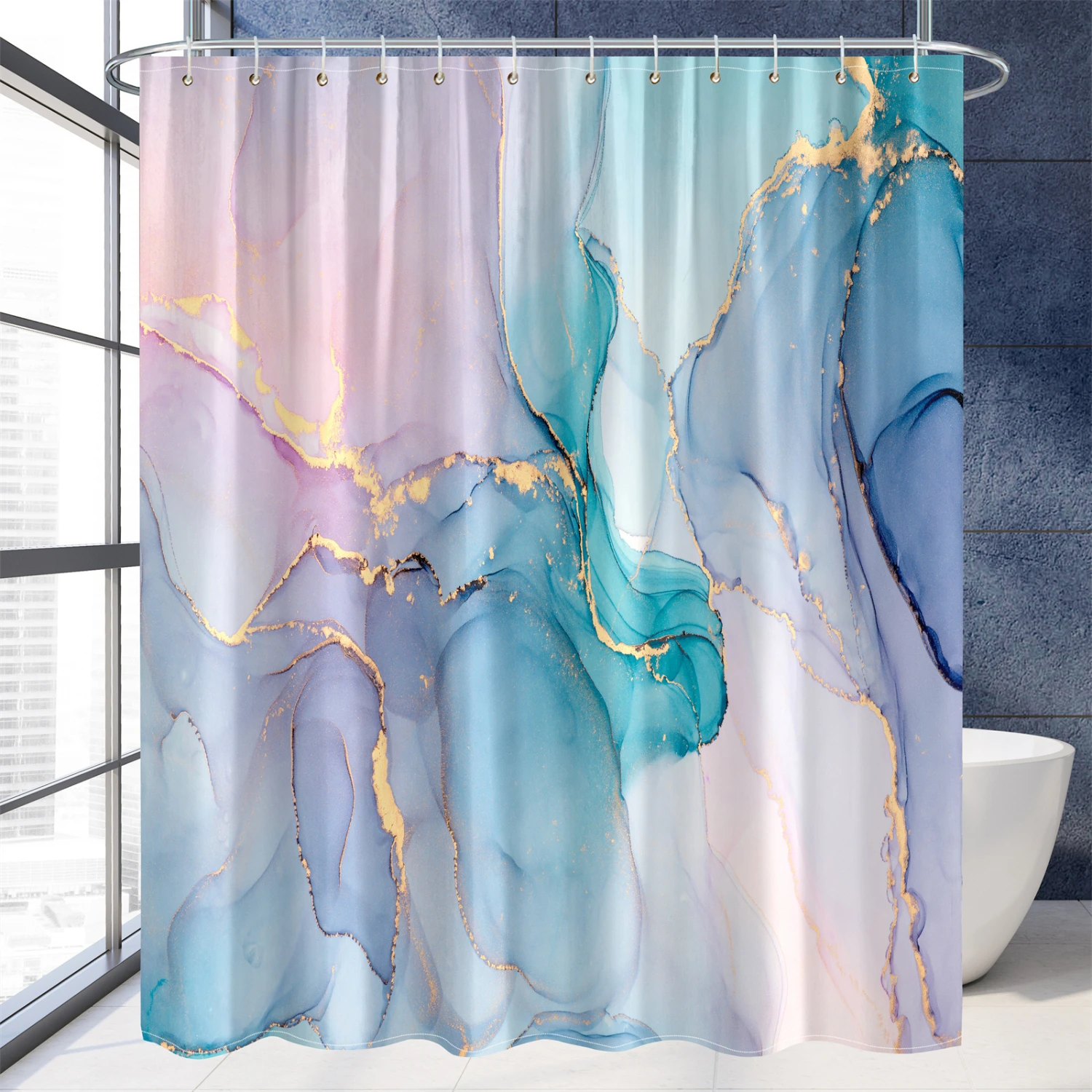 1pc Modern Marble Bathroom Shower Curtain, Abstract Golden Sand Artistic Bath Curtain, Waterproof Polyester Shower Curtain, Luxu