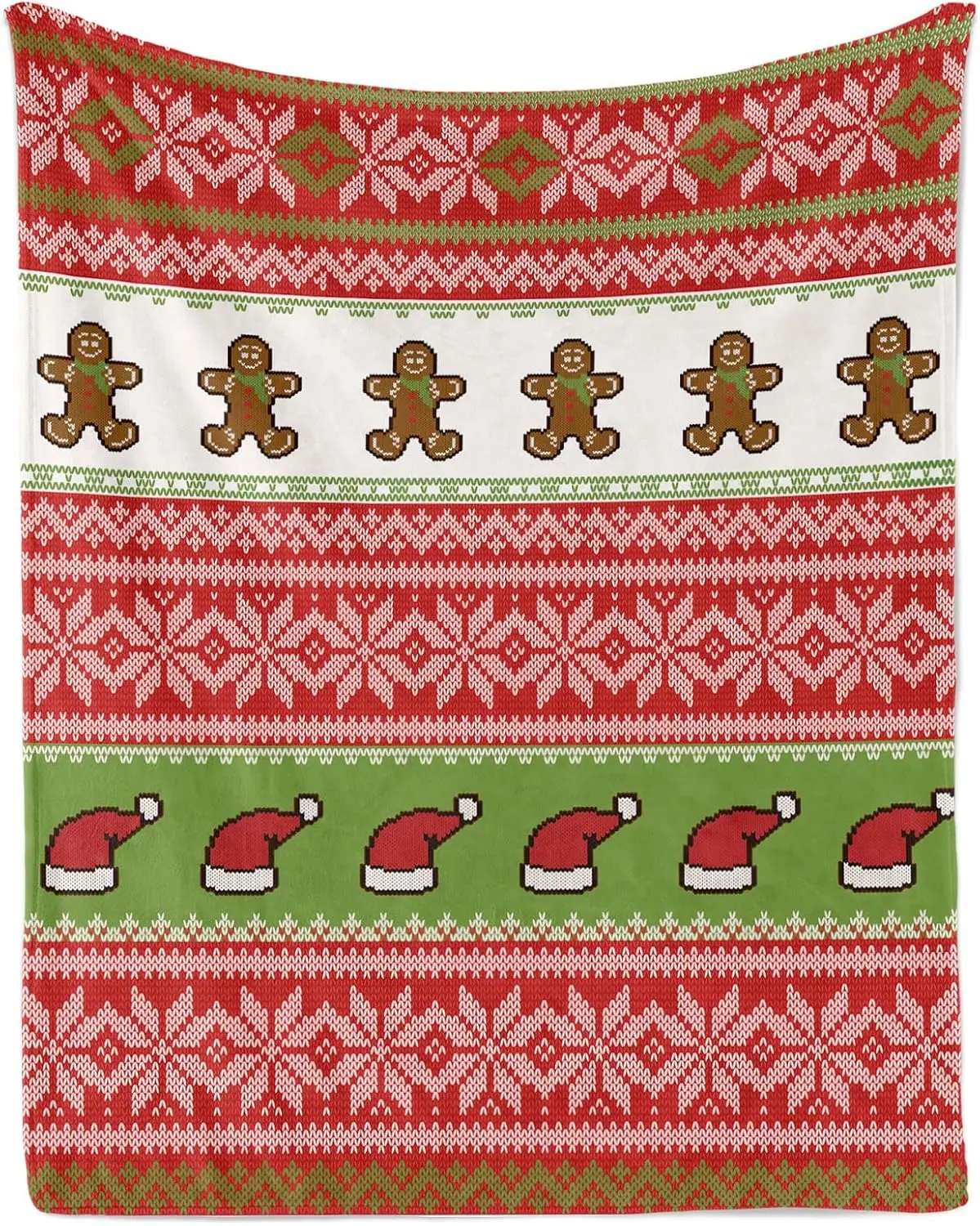 Gingerbread Christmas Throw Flannel Blanket for Couch Red Green Warm Xmas with Knitting Stripe Pattern Cozy Fluffy