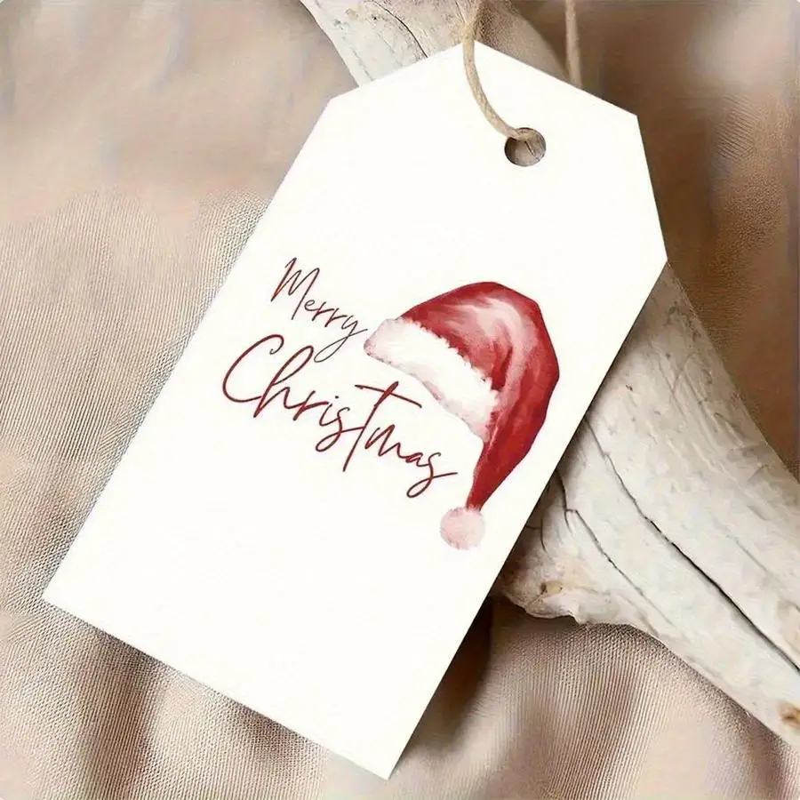 1/5/10/20/50/100pcs Christmas Gift Tags with Jute Twine - Red And Chestnut Watercolor Santa Hats, Joyful Christmas Text - Suitab