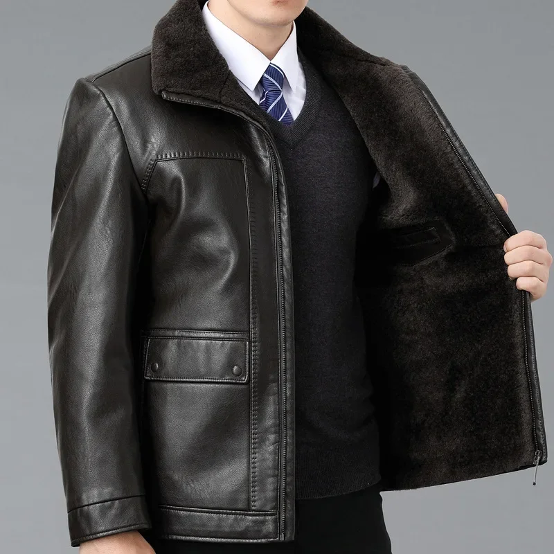 Winter Fleece-Lined Thicken Sheepskin Casual Leather Clothing New Men Fur Integrated Lapel Leather Jacket Loose Dad Outcoat