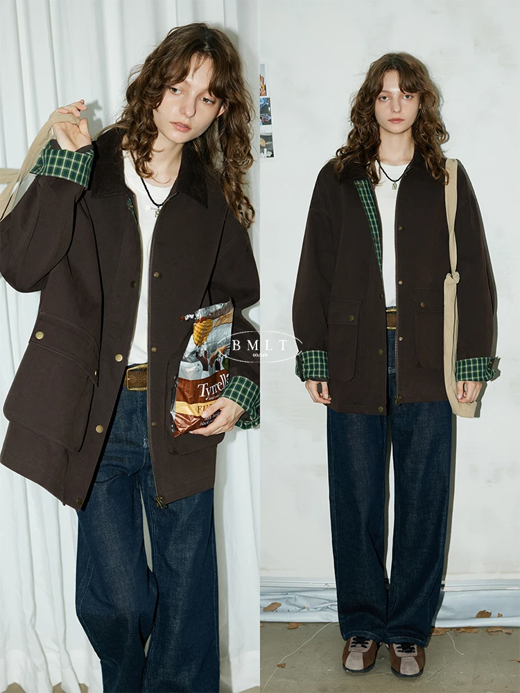 

BMLT Autumn Long Retro New Sle Color Blo Collar Zipper Loose Full Cotton Jaet Korean Sle Women's ort Outerwear