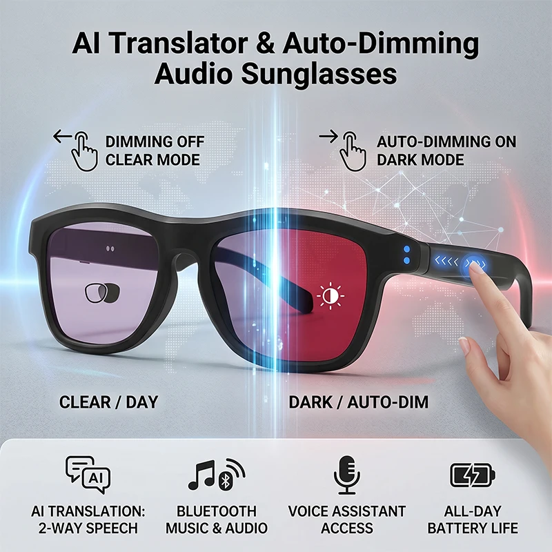 AI Translation Smart Touch Automatic Photochromic Sunglasses Women Men Bluetooth Voice Assistant Control Music Audio Glasses