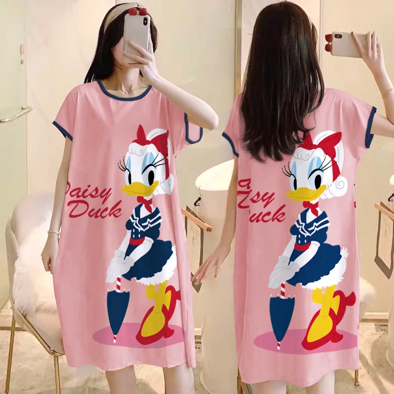 Disney Cartoon Mickey Minnie Donald Duck Daisy Print Women Nightdress Summer Loose Dress Cute Sweet Girl Homewear Pajamas