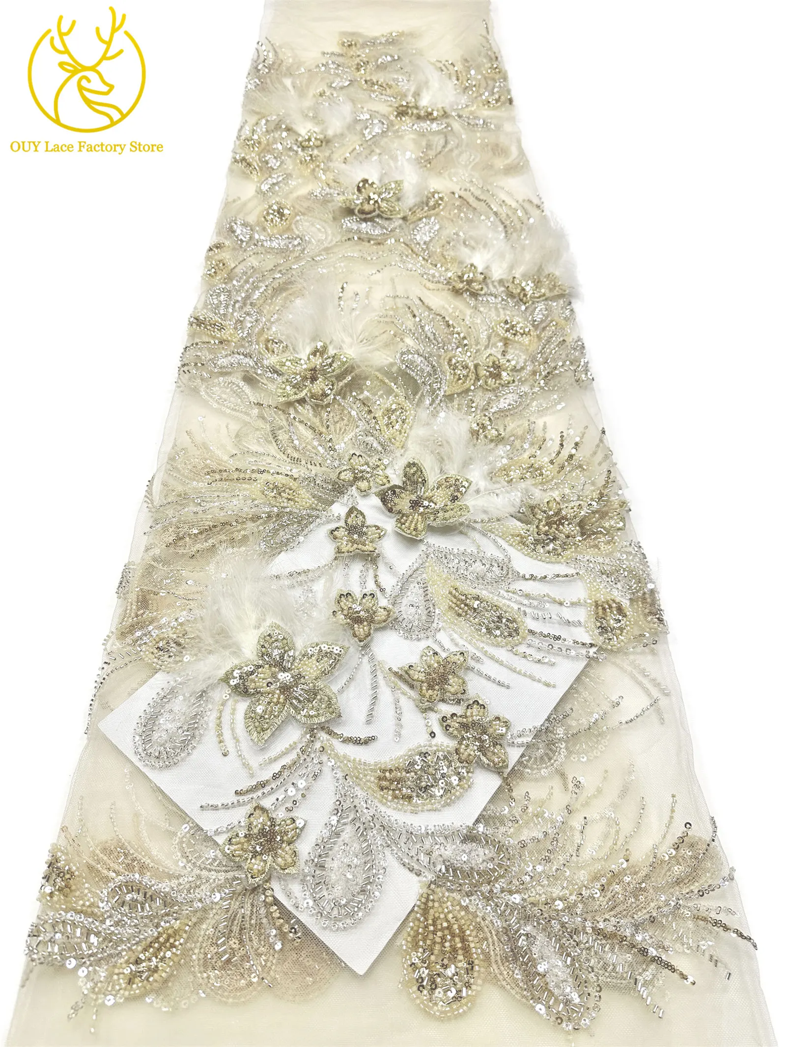 Neues Design Afrikanischer Spitzenstoff mit Pailletten, Perlen, Mesh-Spitze, luxuriöse 3D-Feder-Stickerei, Tüll-Spitzenstoff zum Nähen von Brautkleidern – Detail 9