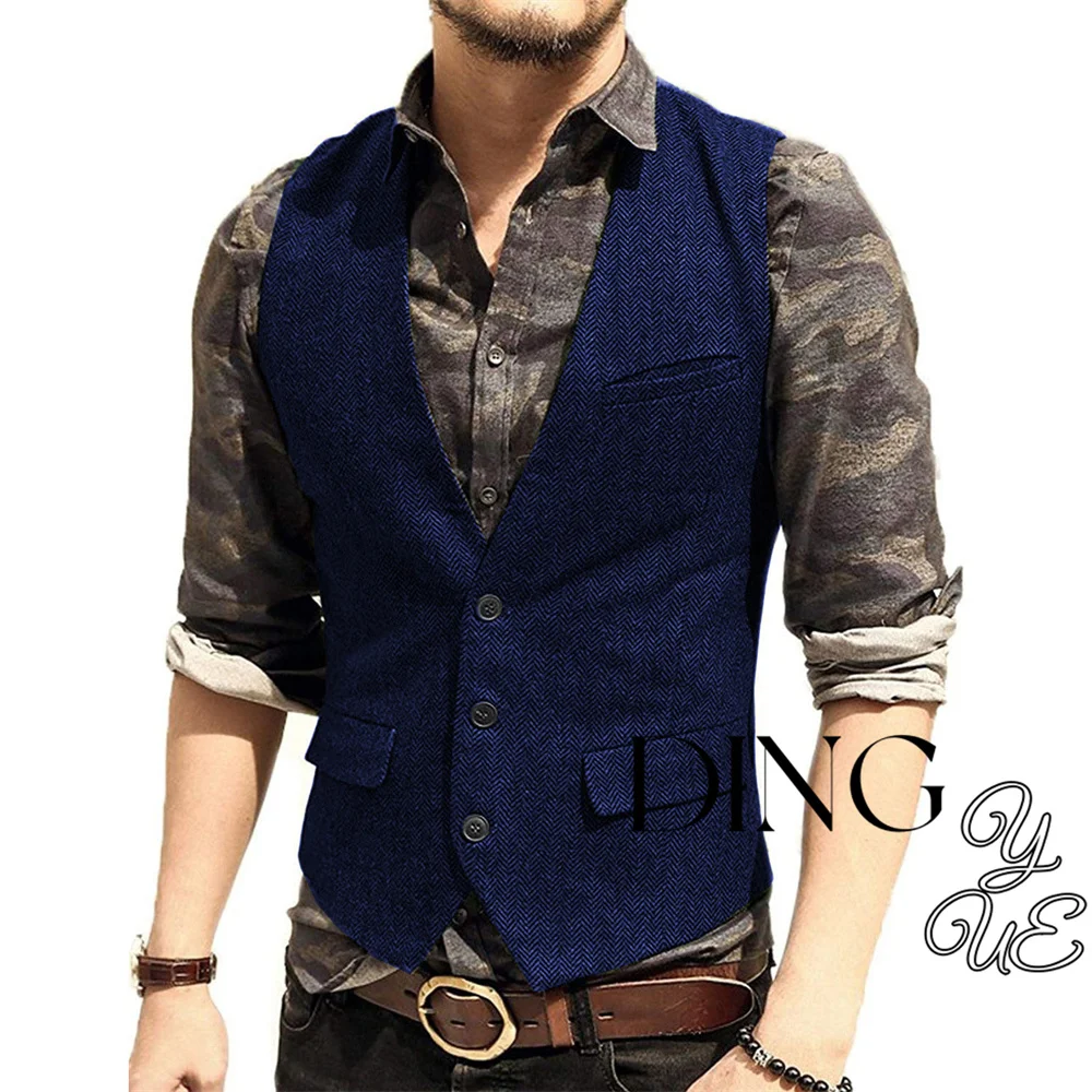 Victorian Steampunk Men Suit Vest V Neck Jacket Herringbone Tweed Flip Pocket Business Waistcoat Wedding Groomman Clothing