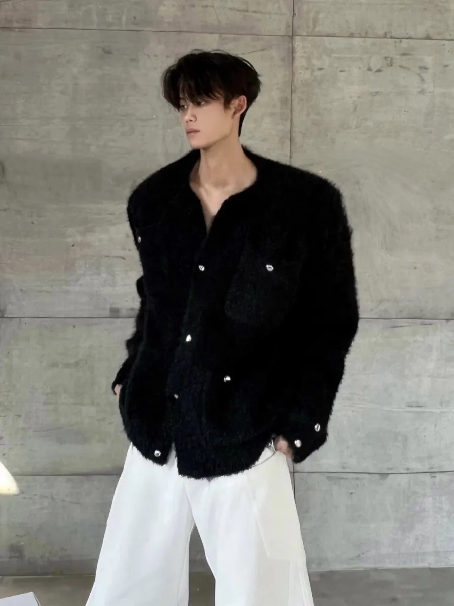 Ace Tailors Men's Retro High-End Fashion Sweater Jacket Shoulder Padded Loose Fit Autumn Winter Polyester Outerwear