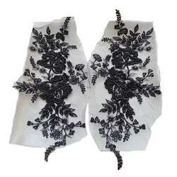 2PCS/1Pair Black and White Nail Bead Flower Leaves Embroidery High Set Wedding Dress Headdress Lace Mirror Flower RS4154