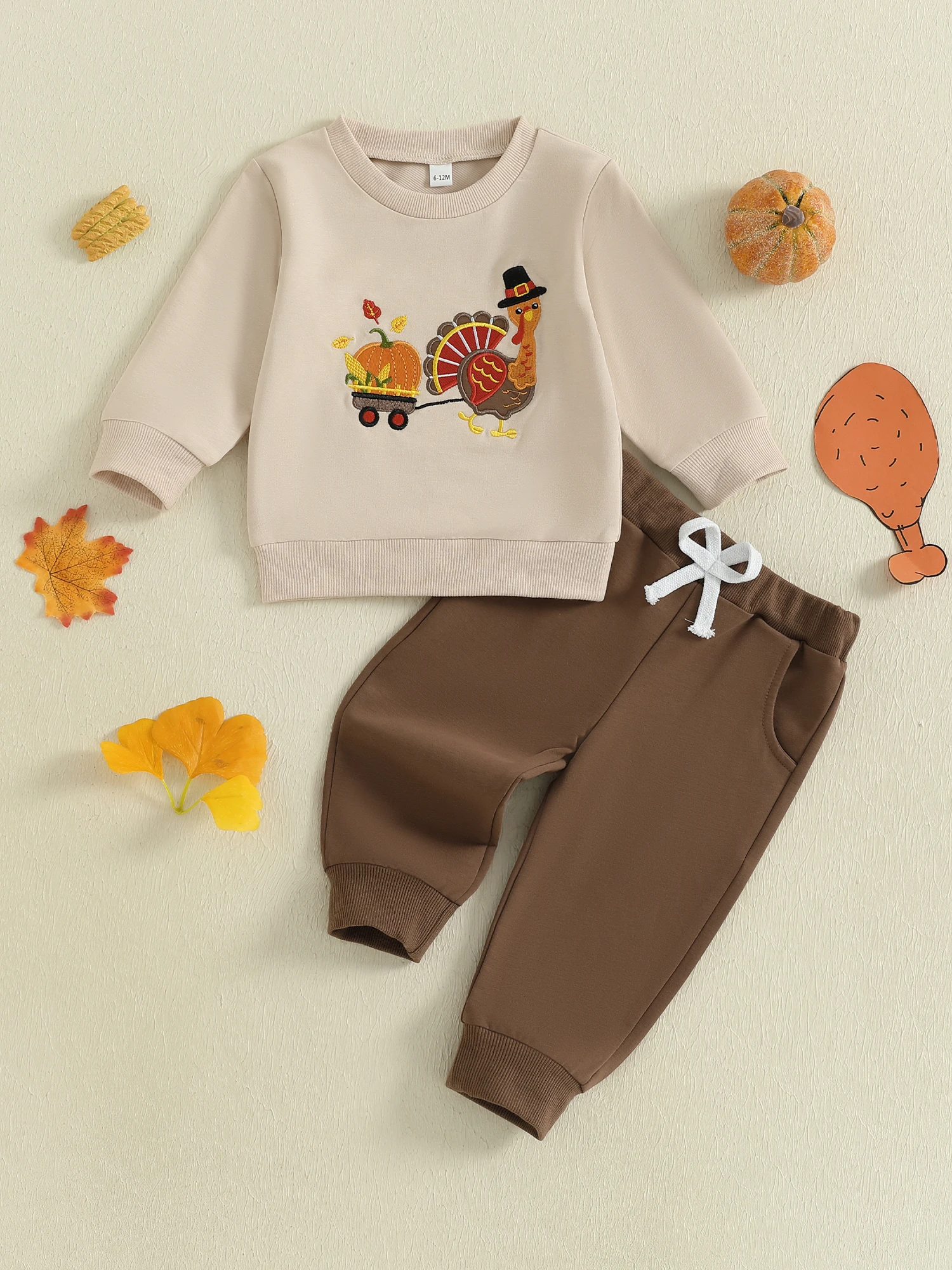 

Baby Girl Thanksgiving Outfits Turkey Applique Ruffle Sleeve Top Pumpkin Print Leggings 2 Pcs Set for Fall Holiday