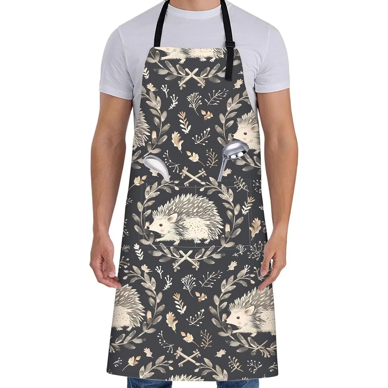 여성용 귀여운 고슴도치 앞치마, 숲속 풍경, 28x33인치, 소박한 주방 앞치마, 포켓 2개, 옥스포드 원단, 나뭇잎 무늬, 조절 가능, 다크 색상