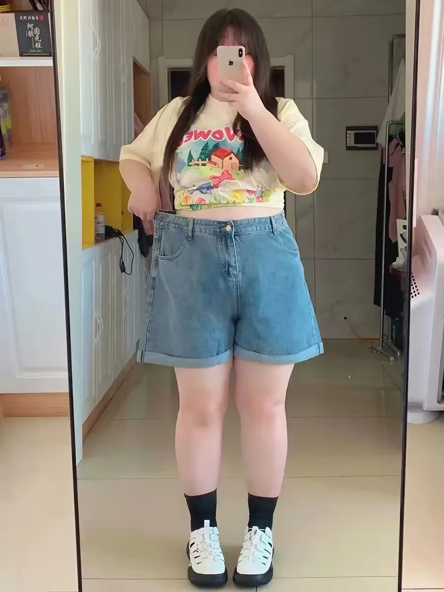High Waist Wide Leg Cuffed Denim Shorts for Women plus Size Summer Slimming Five-Quarter Length Pants Anti-Wrinkle Resistant
