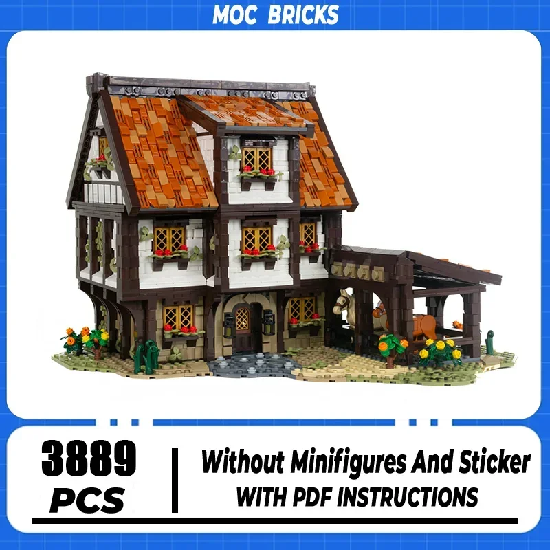 

Moc Building Block Medieval Stables & Inn Model Technology Brick DIY Assembly Modular Urban Street View Toy For