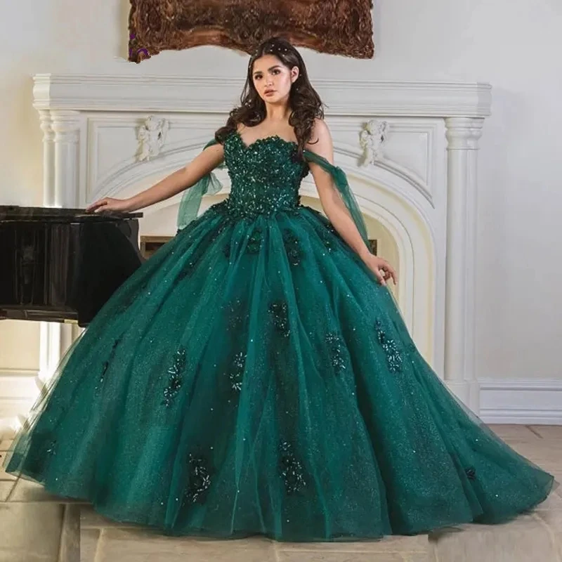 2023 Dark Green Quinceanera Dresses Glitter Lace Applique Off the Shoulder Princess Ball Gown Mexican Sweet 16 vestidos de 15 qu