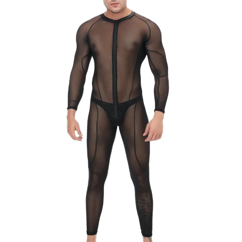 

Sexy Men Mesh Bodystocking Nightgown Long Sleeve Fetish Pantyhose See Through Lingerie Bodysuits Jumpsuits Men Briefs Underwear