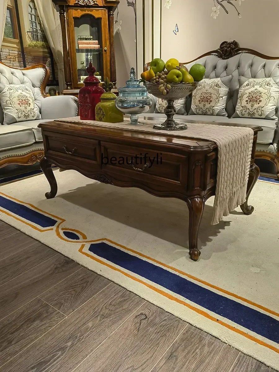 182C American-Style Solid Wood Coffee Table Walnut Tea Table Long End with Drawer Tea Table Carved