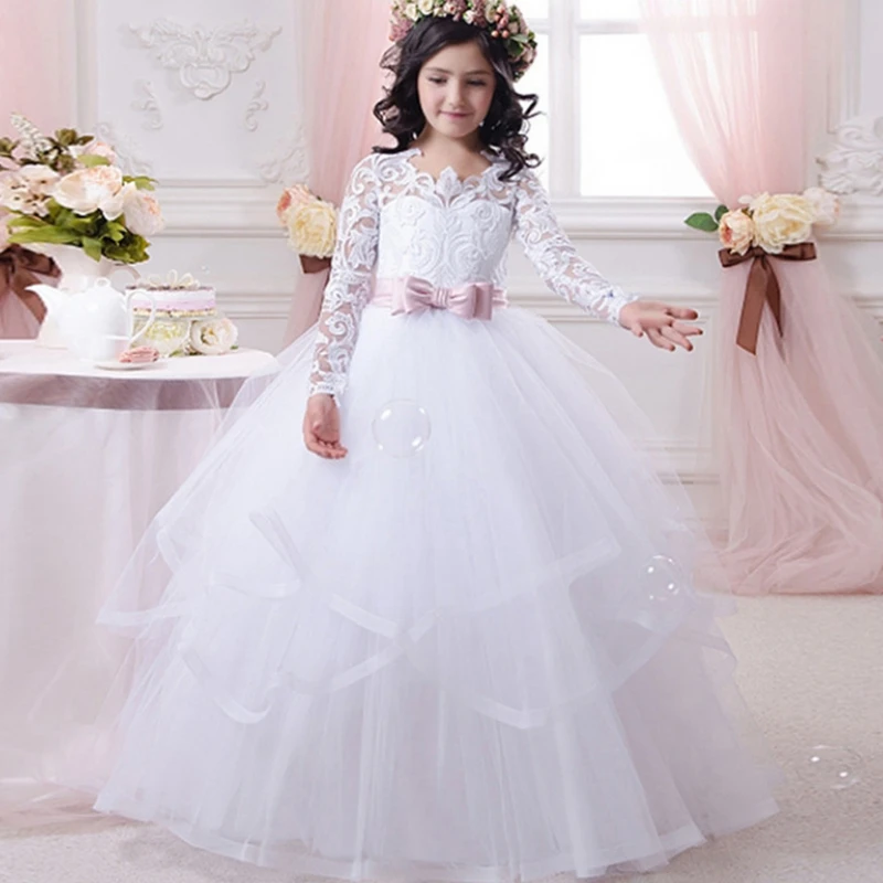 Elegant Flower Girl Dresses Lace Applique Half Sleeve Tulle O-neck Girls  For Ceremony Birthday Party First Communion Dress