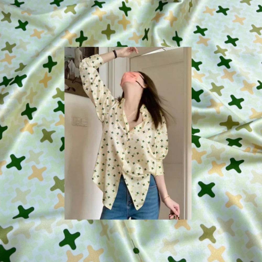 

Stretch Satin Silk Fabric Aqua Green Cross Print Dress Designer Handmade DIY Sewing Apparel Cloth Wholesale by the Meter