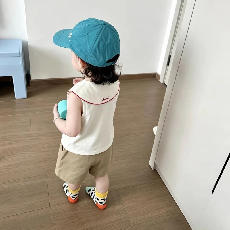 Children's 2026 Summer New Color Blocked Button up Sleeveless Top and Solid Color Shorts Two-piece Set