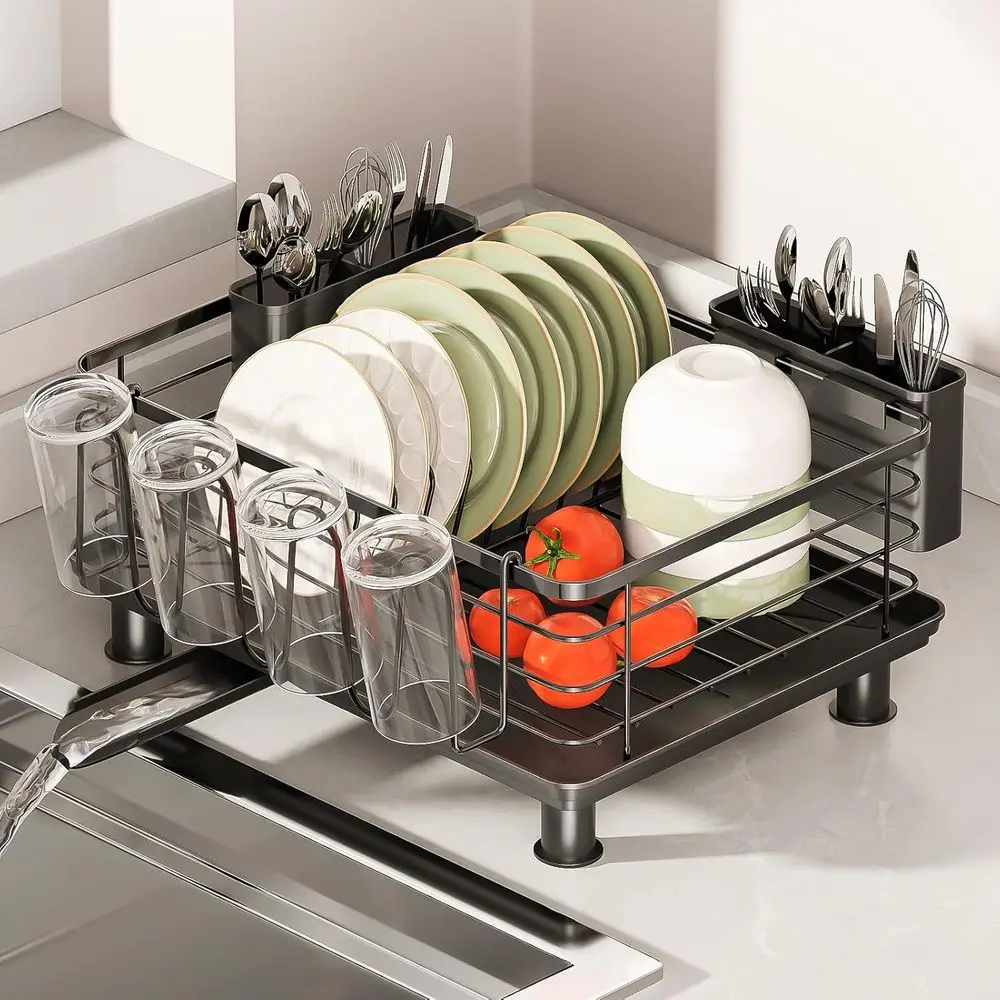 

Metal Dish Drying Rack with Cup Holder, Large Kitchen Counter Organizer with 2 Detachable Utensil Caddies, Rustproo StainlSteel