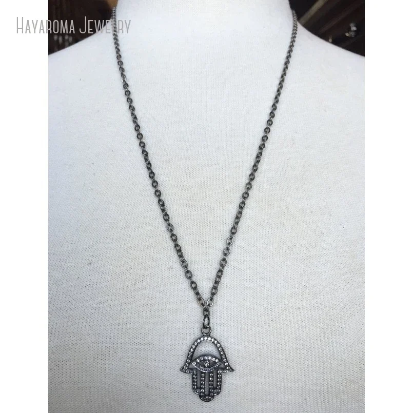 10Pcs Pave White Topaz Oxidized Black Hamsa Pendant with Evil Eye Center on Oxidized Necklace Gunmetal Chain