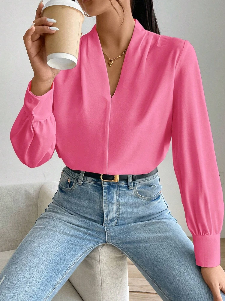 Sexy decote em v manga longa blusas e camisas senhora do escritório outono inverno moda elegante blusa para mulher 2024 feminino preto topos