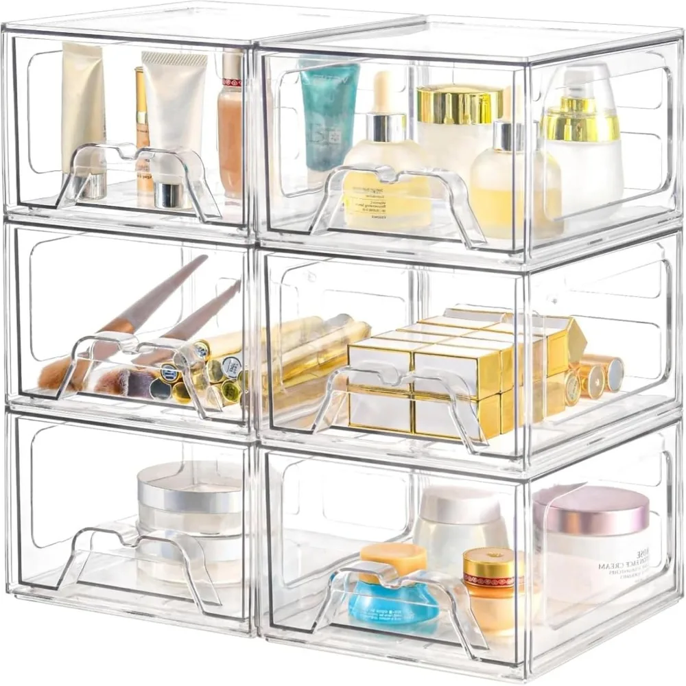 

6 Pack Stackable Storage Drawers, Acrylic Bathroom Makeup Organizer and Storage,Clear Plastic Pull Out Drawers for Vanity, Under