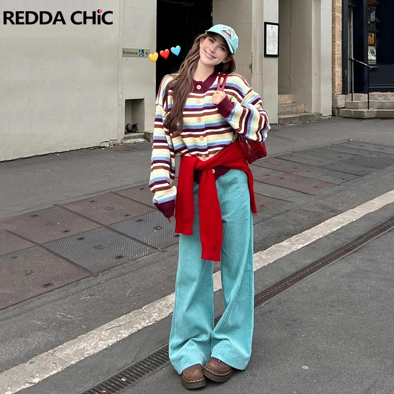 REDDACHiC Mint Corduroy Sweat Pants Women Striped Loose Casual High Waist Straight Wide Leg Trousers Going Out Korean Clothes