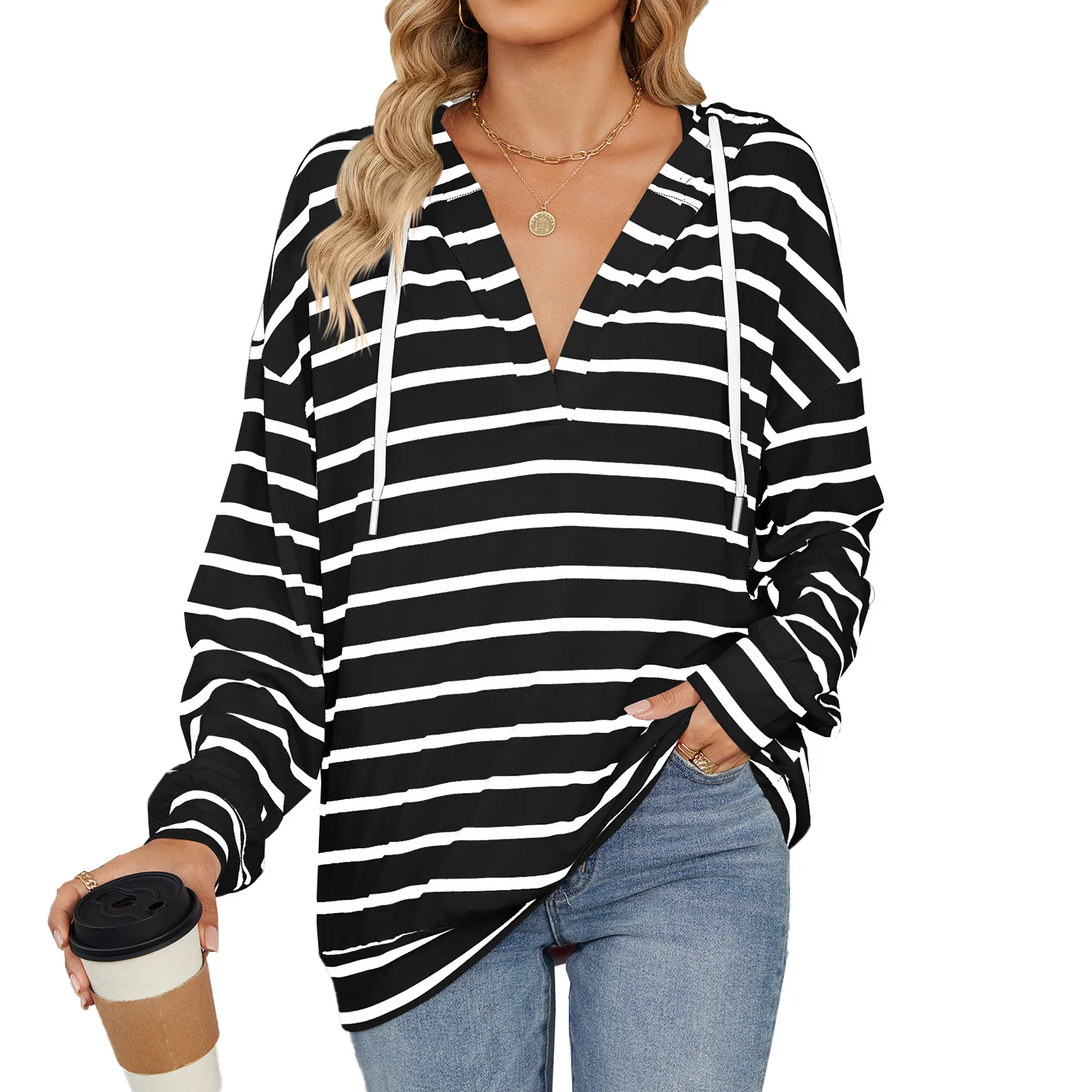 

Fashion Striped Hoodie Tops Women Autumn Spring Ladies V-neck Hooded Sweatshirts Oversized Ladies Casual Drawstring Pullover Top