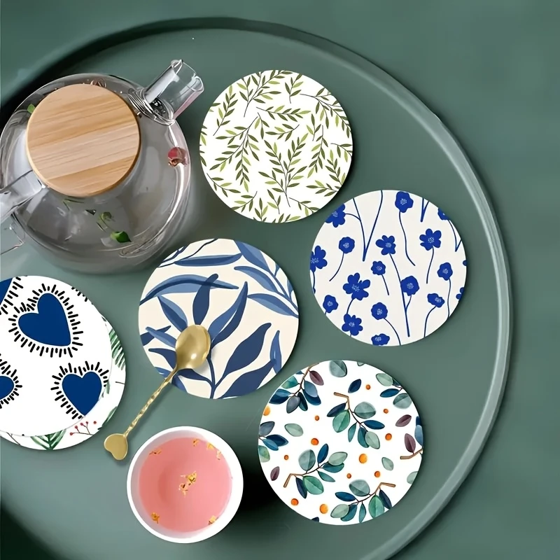 10CM 6PCS 2D Simplicity Nature Flowers Plants Fresh Style Wooden Coasters Coffee Shop Furniture Decoration Desktop Protection