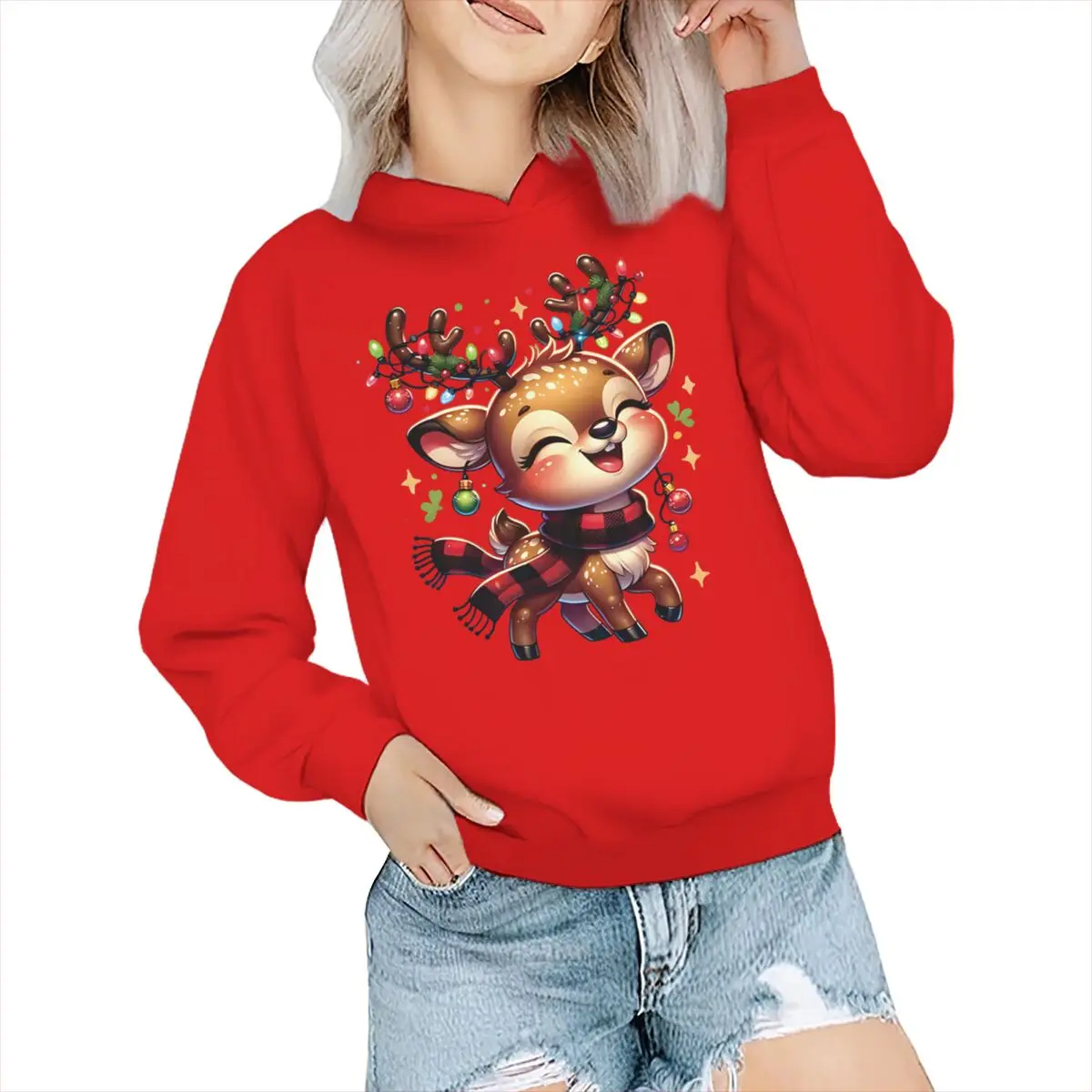 

Christmas Lights Reindeer Clothes Child Girl Boy Harajuku Fashion Streetwear Hoodie Kids Xmas Holidays Long Sleeve Clothes